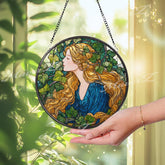 Goddess Stained Glass Suncatcher, Round Art Nouveau Woman with Golden Hair and Ivy Window Panel, Mythical Nature Glass Art Home Decor Gift